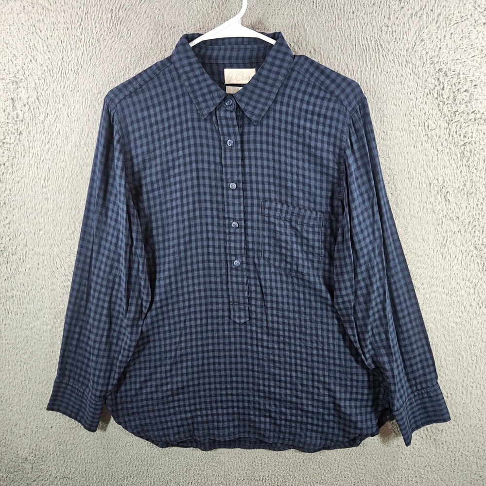 J.Crew Womens Navy Blue Black Gingham Cotton Viscose Popover Shirt Size 10